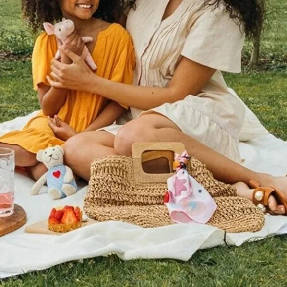 Vacation Vibes khaki straw bag wood handle tote Boho beach - Picture 6 of 8